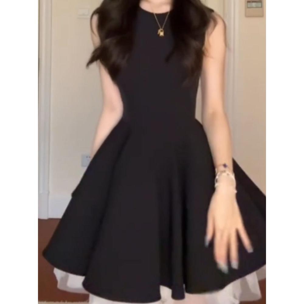 Contrasting mesh splicing vest dress women's summer temperament waist sleeveless fluffy princess short skirt