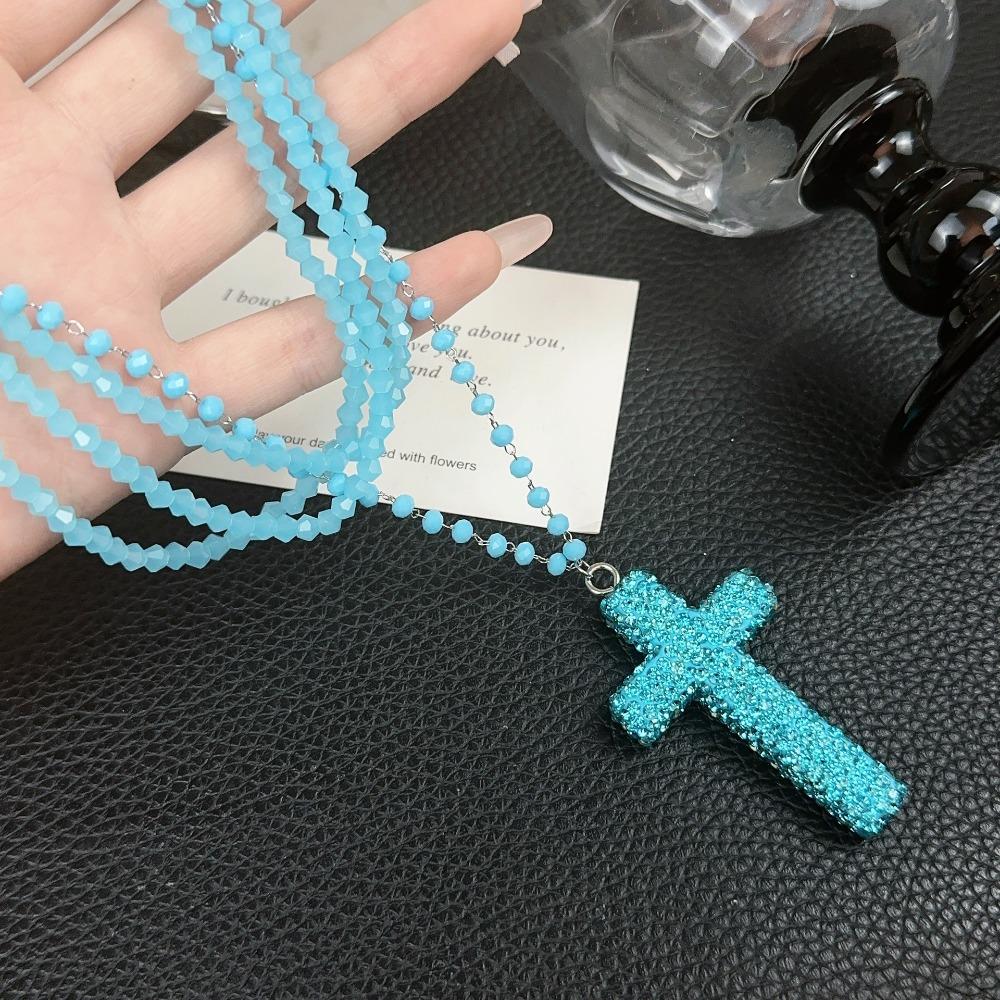 Y2k Fashion Dopamine Colored Full Crystal Cross Pendant Geometric Multi-layered Beaded Necklace for Women Hot Girl Jewelry Gifts