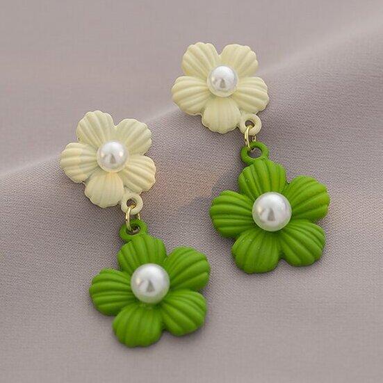 French Romantic Green Flower Asymmetric Tassel Drop Earrings New Design Jewelry for Women's or Girl’s Sweet Ear Accessories