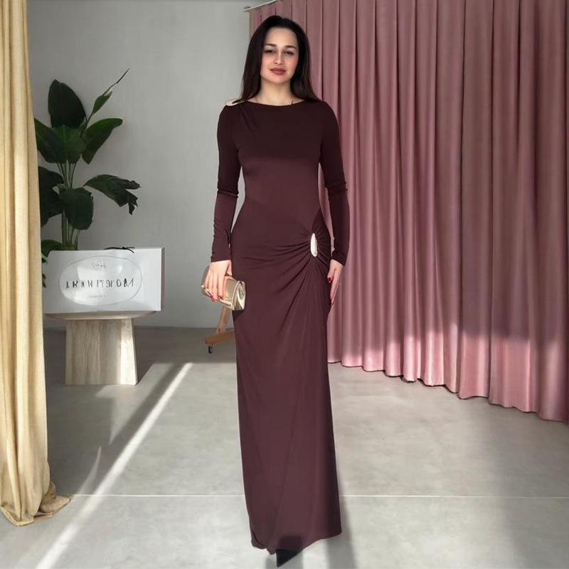 2025 European/American Bodycon Sheath Dress: Solid Color, Long Sleeve, Round Neck, Button & Pleated Details