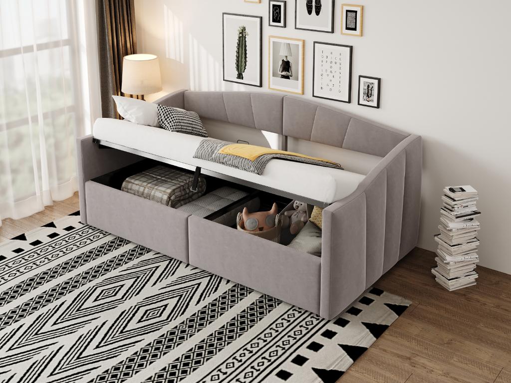 Upholstered Bed Sofa Bed 90*200 Cm, With Hydraulic Storage, With Slatted Frame and Armrests, Classic Striped, Single Bed, Velvet Fabric, Light Grey