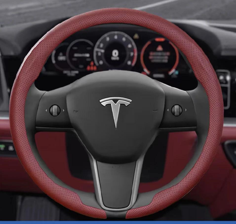Lämplig för Teslas nya Model Y/Model 3 helårs ultratunn nappa läder rattöverdrag