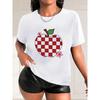 [Damen Karriertes Apfel T-Shirt] Damen Rot-Weiß Kariertes Apfel Grafik T-Shirt - Weiches, Atmungsaktives, Lässiges Kurzarm-T-Shirt für Freizeitkleidung,