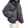 Womens Black Plaid Down Puffer Jacket Short Loose Fit Stand Collar Winter Warm Coat