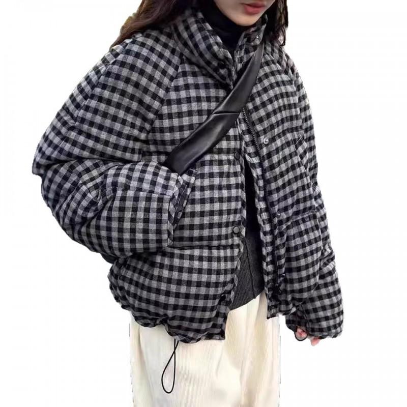 Womens Black Plaid Down Puffer Jacket Short Loose Fit Stand Collar Winter Warm Coat