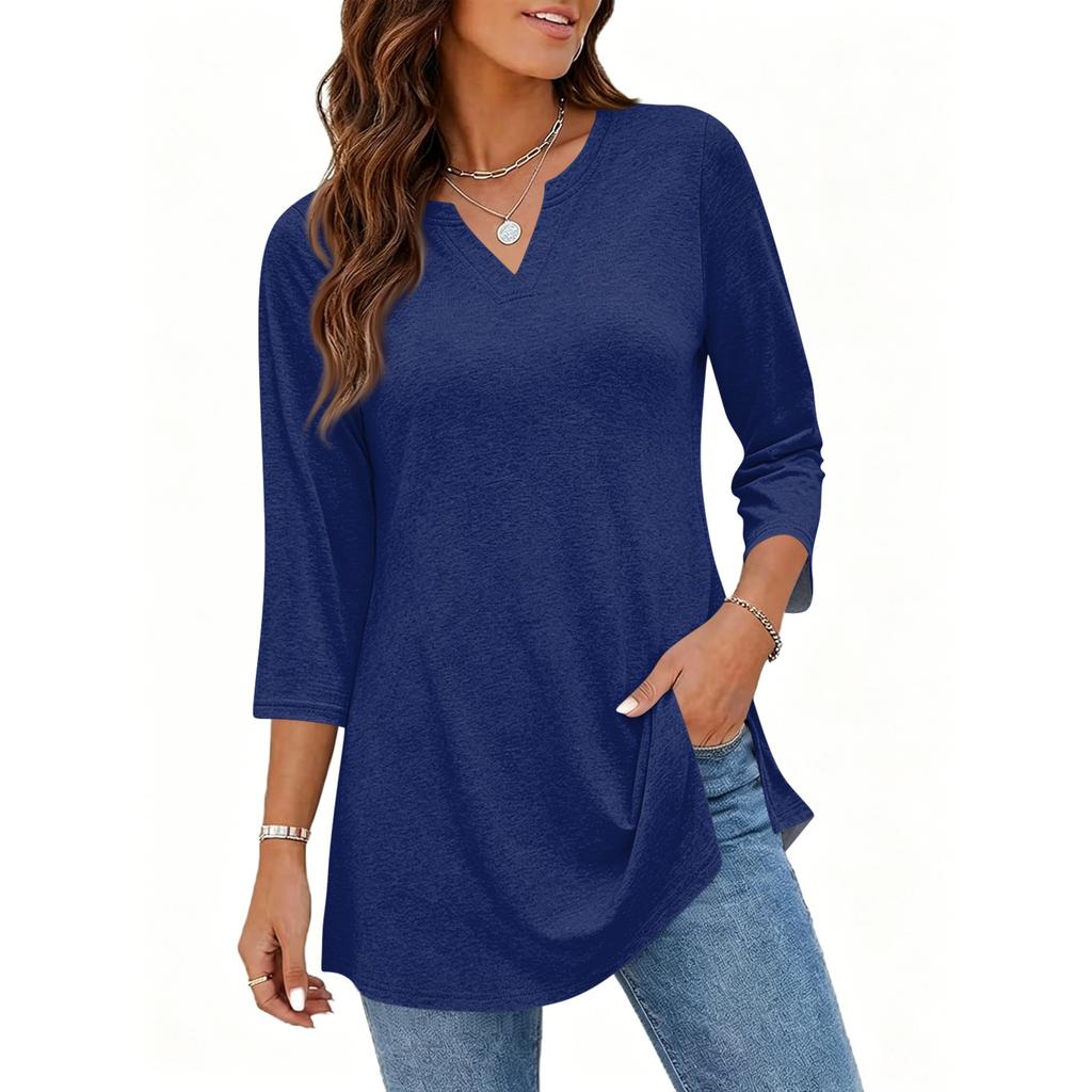 Women's Casual V Neck 3/4 Sleeve Pullover Tunic Top Mid Length Solid Color Comfortable Fit Lightweight Fabric
