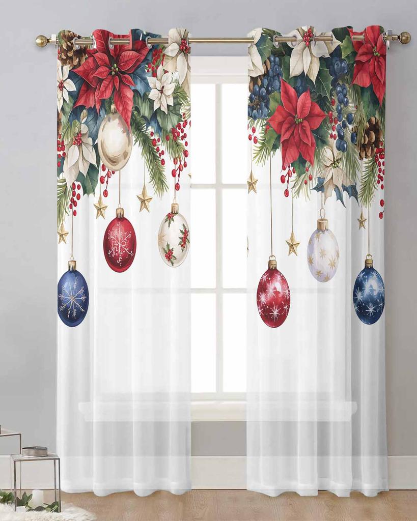 Christmas Ball Snowflakes Poinsettia Sheer Curtains for Living Room Decoration Window Curtains Kitchen Tulle Voile Curtains