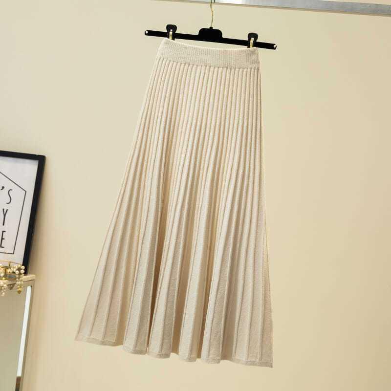 Women's High Waist Wool Knit A-Line Pleated Midi Skirt - Autumn/Winter Slimming Umbrella Hem