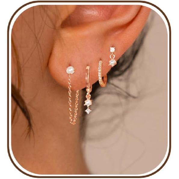 Triple Huggie Stacked Earrings for Women Gold Chain Drop Dangle Earrings Cute Statement CZ Earrings Trendy Dainty Jewelry Gift