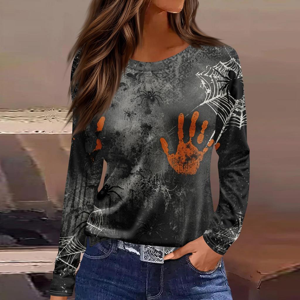 Women's Halloween Print Long Sleeve Top - Casual Pullover with Split Hem, Fun Holiday Design for Parties and Daily Wear