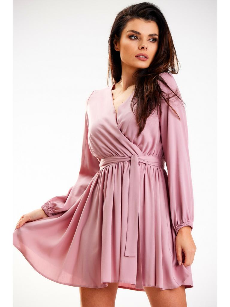Flared Mini Dress with a Wrap Neckline and Long Sleeves, Dusty Pink M