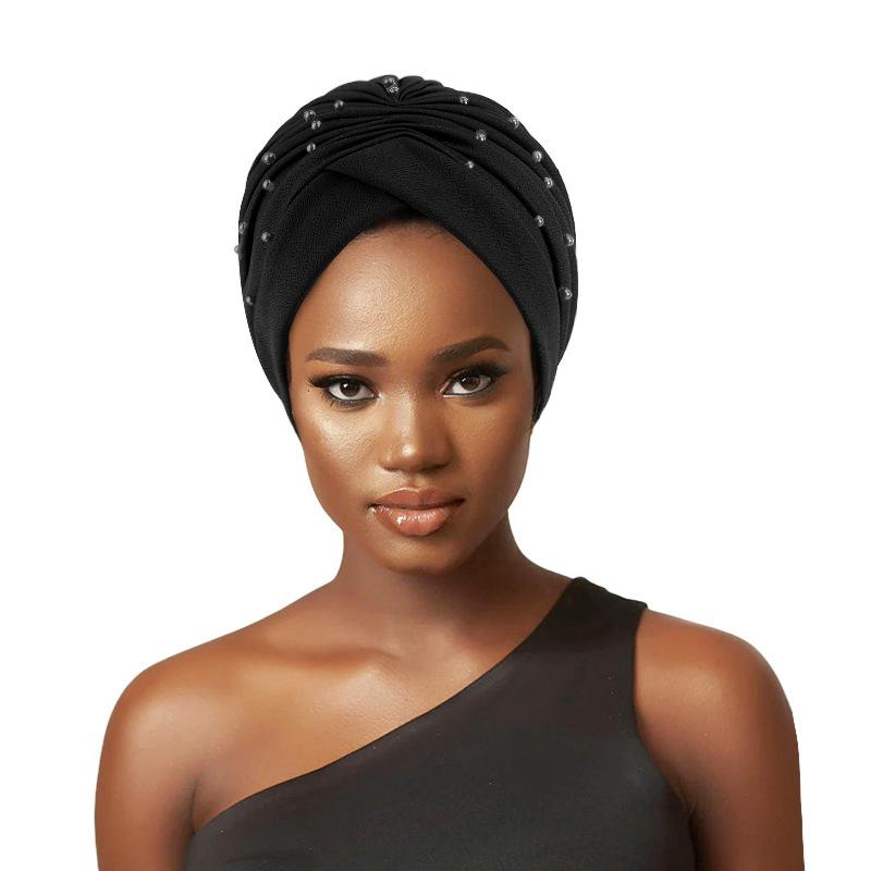 New Women Pearls Beaded Turban Hats Beanies Muslim Headwraps Ladies Hijab Stretch African Hair Loss Bonnet Chemo Cancer Cap