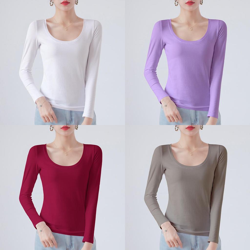 Cotton Crew Neck Slim Fit Long Sleeve Tshirt With Solid Color For Casual Wear