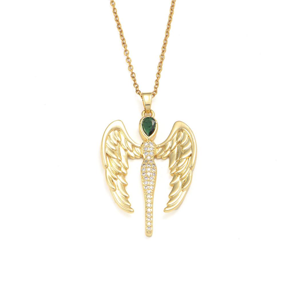Gold & Green Synthetic Zirconia Angel Pendant Necklace for Women
