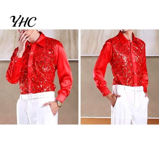Sequin Embellished Men Shirt Luxury Sequins Performance Lapel Long Sleeve Single-Breasted Lightweight Wedding Stage Slim Fit Formal Casual Tops