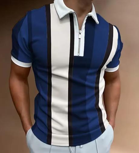 Men's short-sleeved polo shirt Casual business shirt with striped zipper Fashion 2025 summer new zipper polo shirt