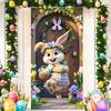 Happy Easter Cute Bunny Door Cover Backdrop Spring Garden Floral Easter Egg Background Easter Party Decoration Photo Shoot Props