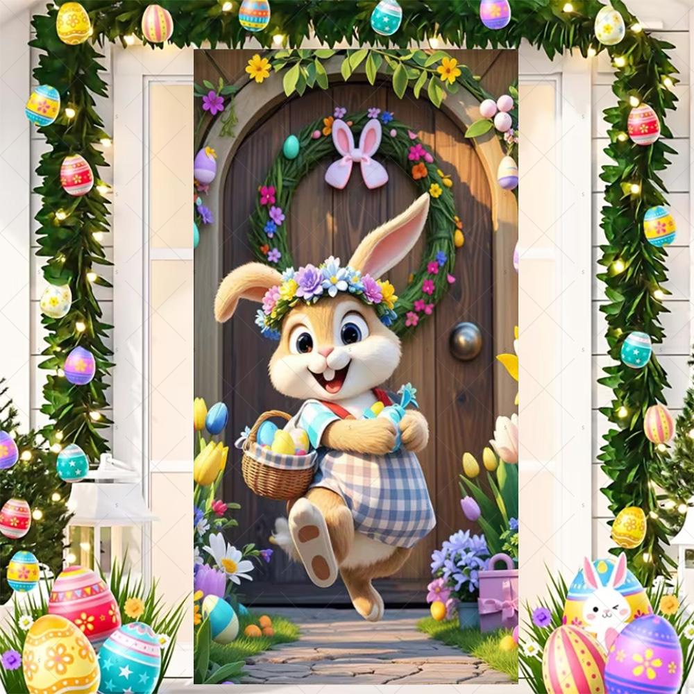 Happy Easter Cute Bunny Door Cover Backdrop Spring Garden Floral Easter Egg Background Easter Party Decoration Photo Shoot Props