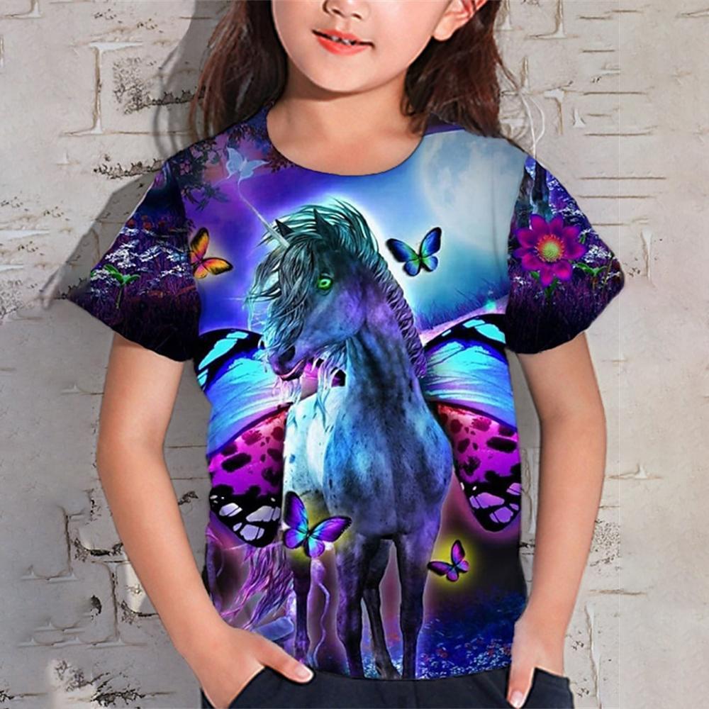 

Одежда для девочек от 9 до 12 лет Футболка с единорогом для детей Летние футболки с коротким рукавом Kawaii Футболки с животными Детский топ оптом 140