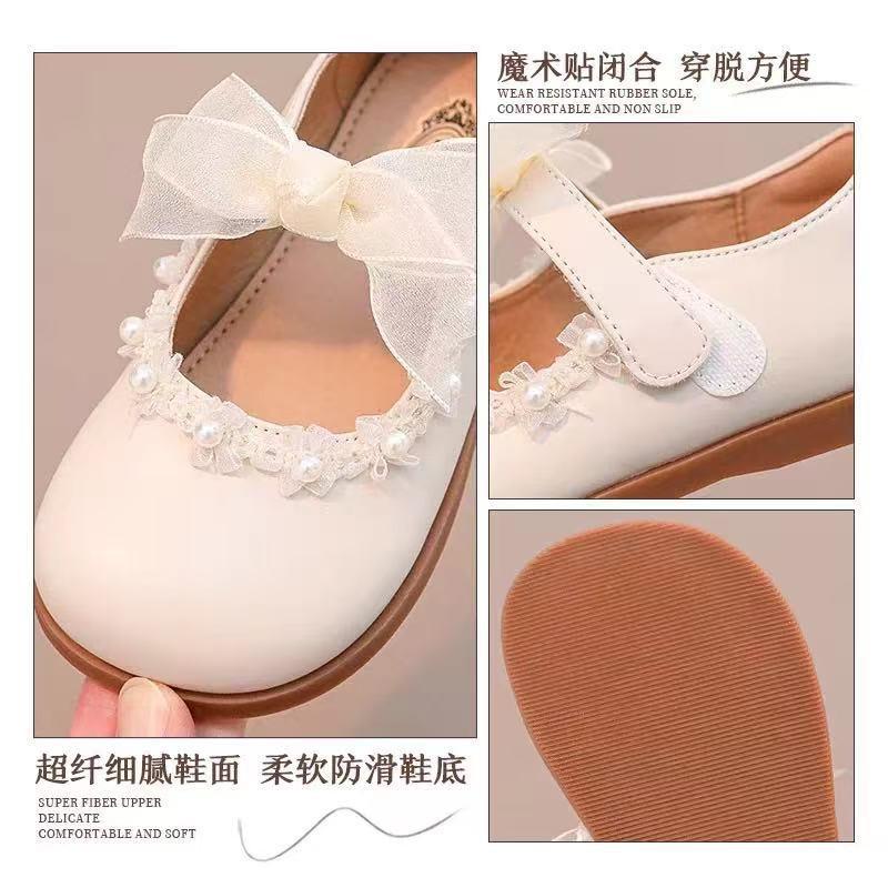 Girls Princess Shoes 2026 White Low-Heel Dress Kids With Bow Soft Rubber Sole Closure