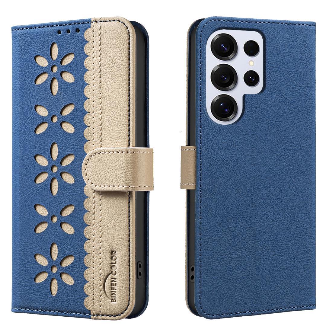 

For Samsung Galaxy S25 Ultra Leather Case BINFEN COLOR BF36 Floral Pattern Phone Cover RFID Blocking Wallet Stand Dark Blue