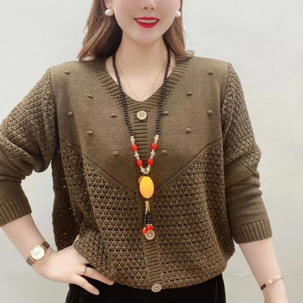 Women's Spring and Autumn Loose Covered Meat Hollowed Out Knit Sweater Mother's Casual Outside Sweater