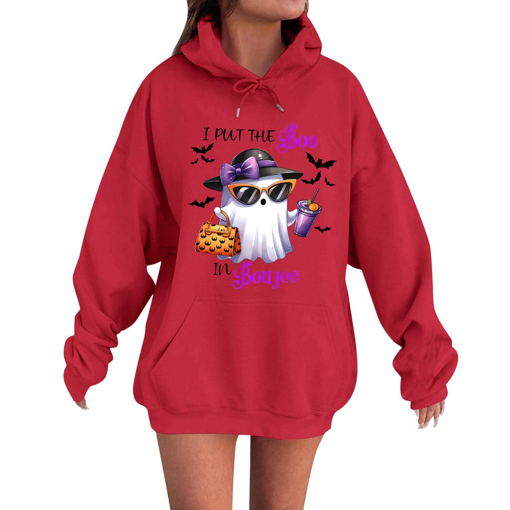 Women's Casual Fashion Comfortable Round Neck With Hood Long Sleeve Halloween Print Warm Sweatshirt