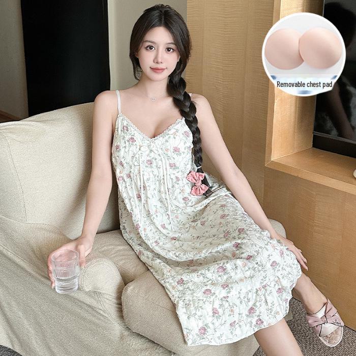 Sommerliches koreanisches Nachthemd aus gewebtem Krepp mit Brustpolstern – süß, dünn, reine Baumwolle für Damen