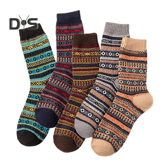 

5 пар мужских зимних носков, высокие хлопковые носки в этническом стиле, эластичные манжеты в рубчик, цветные носки для походов и спорта, машинная стирка, сохраняют тепло B