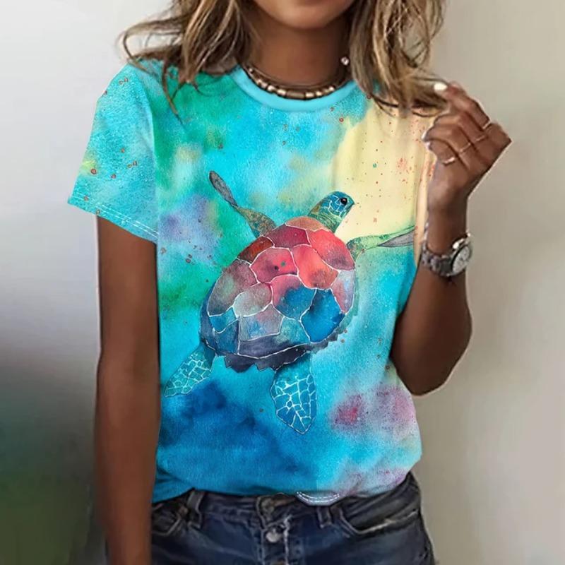 Fashion Turtle 3D Printed Summer T-shirt for Women's Outdoor Clothing Harajuku Casual Short Sleeved T-shirt for Women Round Neck T-shirt Top
