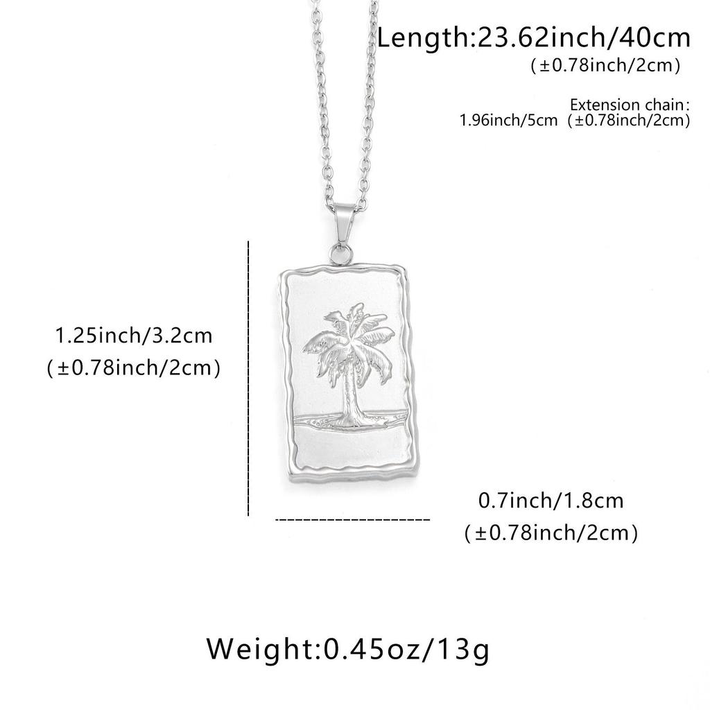 Silver Fine Chain with Coconut Tree Landscape Square Plate: Unisex Vacation Accessory