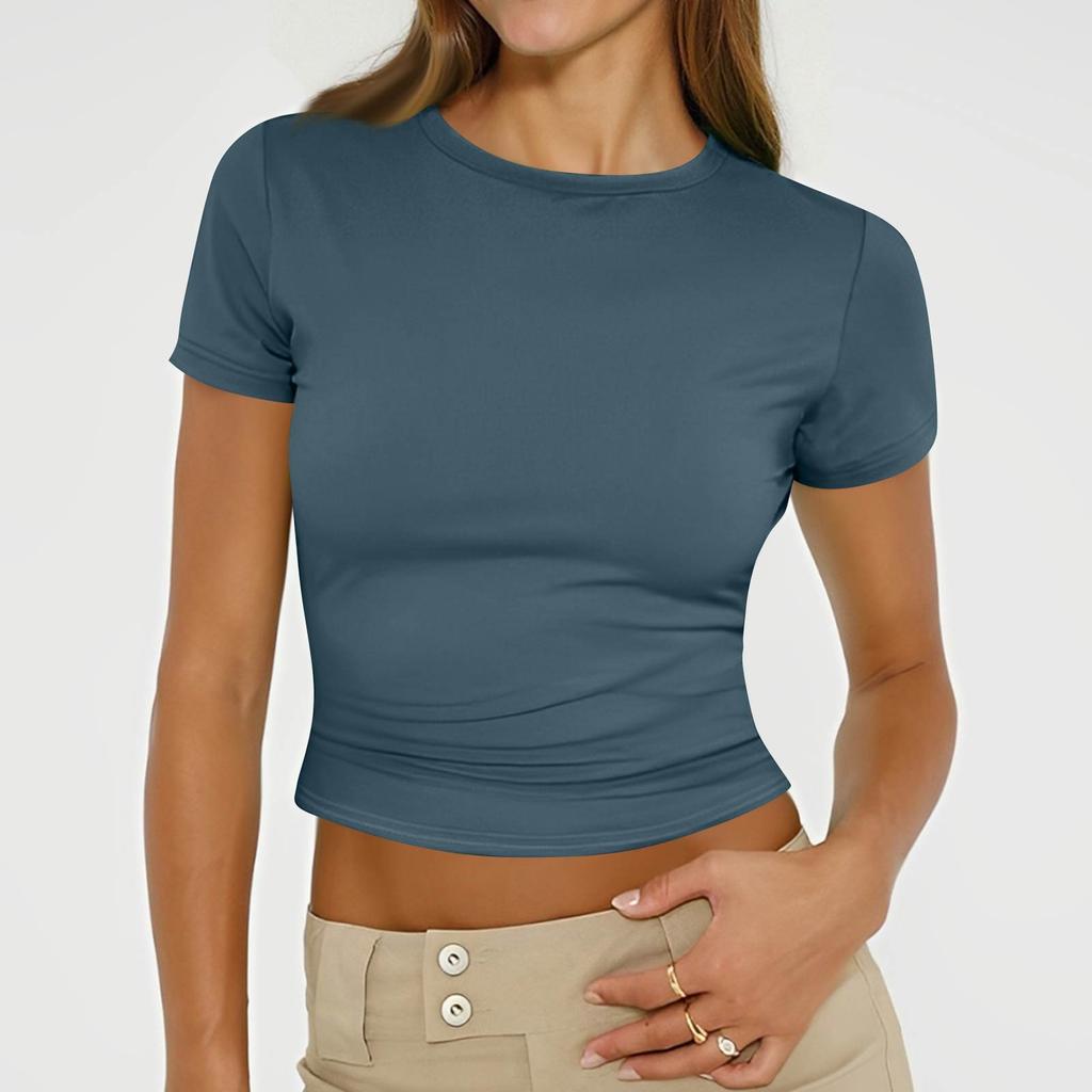 Ladies Summer Fashion Casual Color Round Neck Short Sleeve Slim Ribbed Top