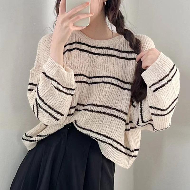 2025 Fashion Long Sleeve Stripes Pullover Sweater Women Loose Knitted Casual Thin Office Short Blouse Casual Simple Hollow Out O-neck Elegant Tops