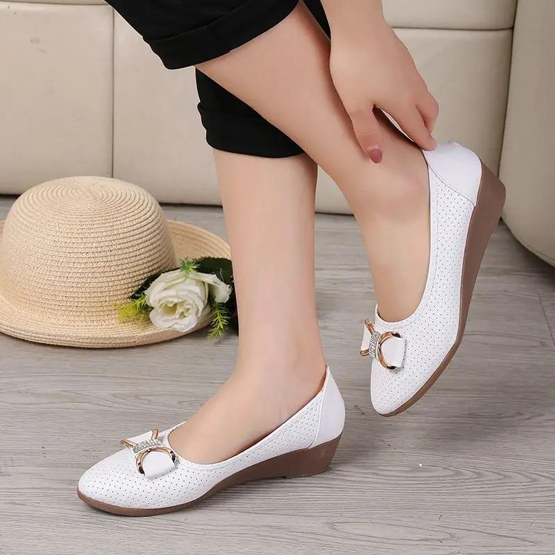 Women's Shoes with Bow Wedge Heel Ladies Pumps Medium Heels Round Toe Beau Today On Offer Korean Style Elegant Dress Vacation 39