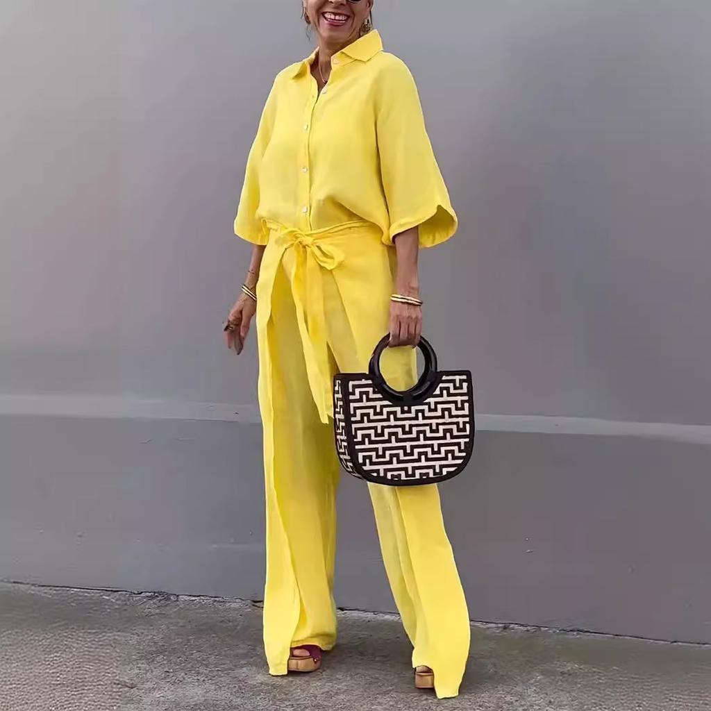 Elegant Office Ladies Suit Casual Solid Color Button Shirt Belt Wide Leg Slit Irregular Pants Sets 2 Piece Set Spring Autumn