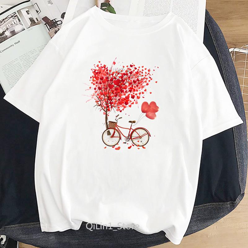 

Vintage T Shirt Women Pretty Loveheart Flower Bicycle Printed Tshirt Femme White Harajuku Kawaii Clothes 90S Streetwear T-Shirts XXXL білий