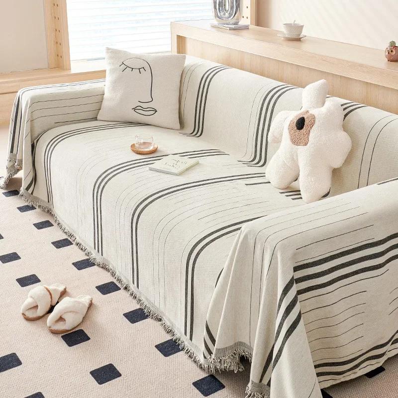 Line Striped Sofa Towel Full Wrap Cover Cloth Universal Chenille One-piece Type Couch Towel Blanket Anti Cat Scratch Couch Towel