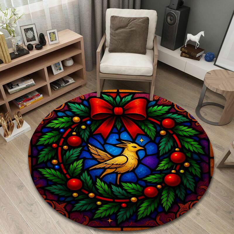 Boho Round Christmas Multicolor Carpet, Non-Slip Floor Mat for Living Room