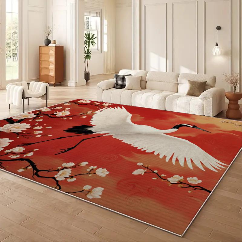 Classical Wind Crane Pattern Living Room Big Rug, Crystal Velvet Wear-resistant Bedroom Mat, Easy To Clean Kitchen Carpet