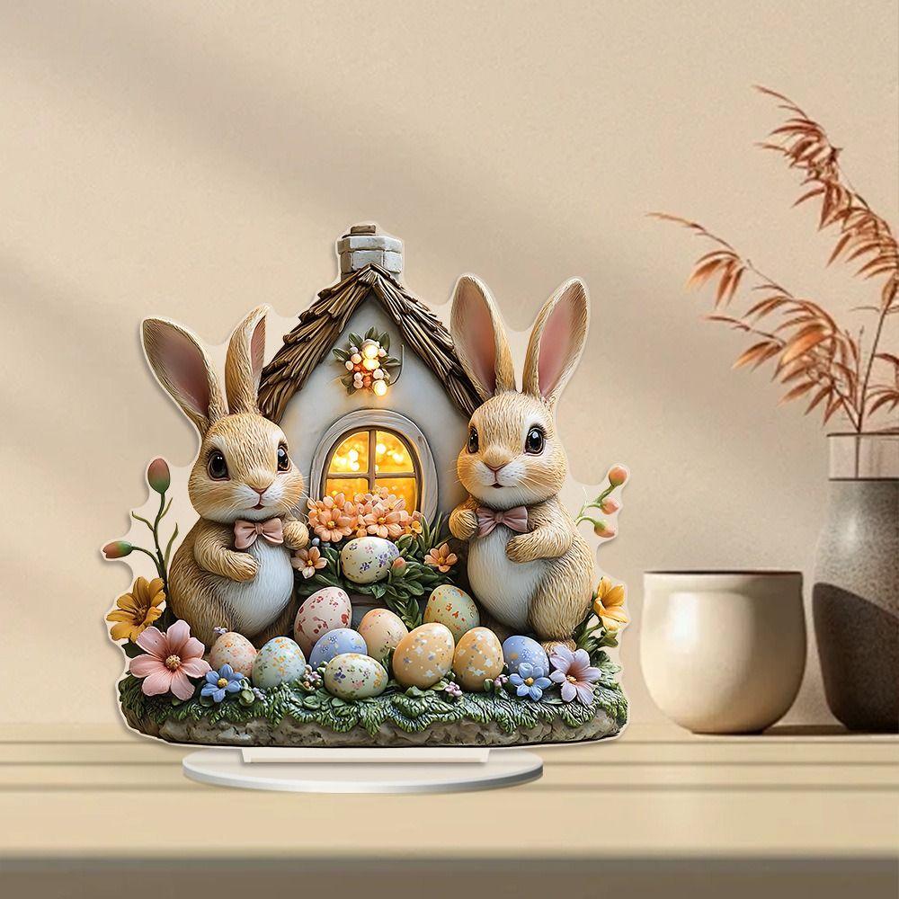 Easter Decor Easter Bunny Ornament 2D Flat Rabbit House Easter Party Desktop Ornament  Office Decor