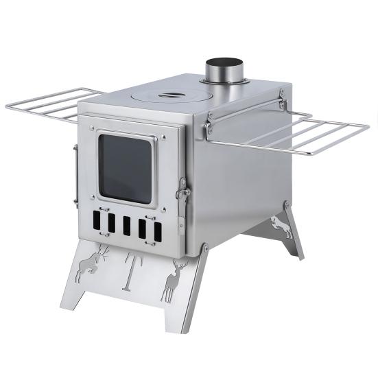 Wood Burning Stove with 5 Pipes Accessories, Visible Window Side Panels Heating Cooking Hot Tent Stove, Large Firebox Stainless Steel Stove for