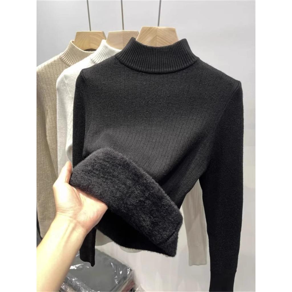 One Piece Velvet Semi High Neck Base Sweater for Women In Autumn and Winter, Paired with A Sweater and Velvet Warm Base Knit Sweater