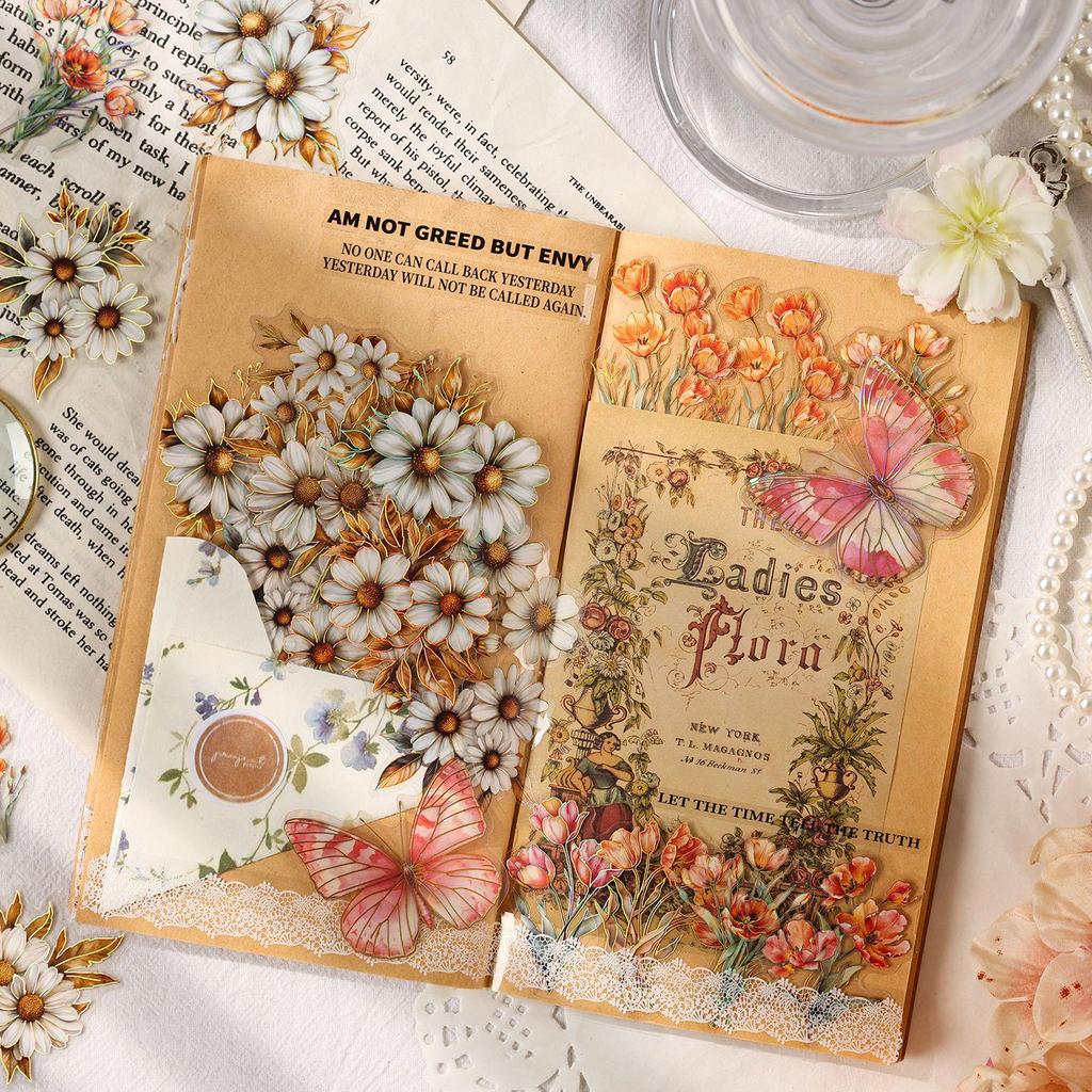 ZABC Flower Sea Dream Die-Cut PET Hot Stamping Sticker Pack - 20 Sheets of Floral Theme Stickers