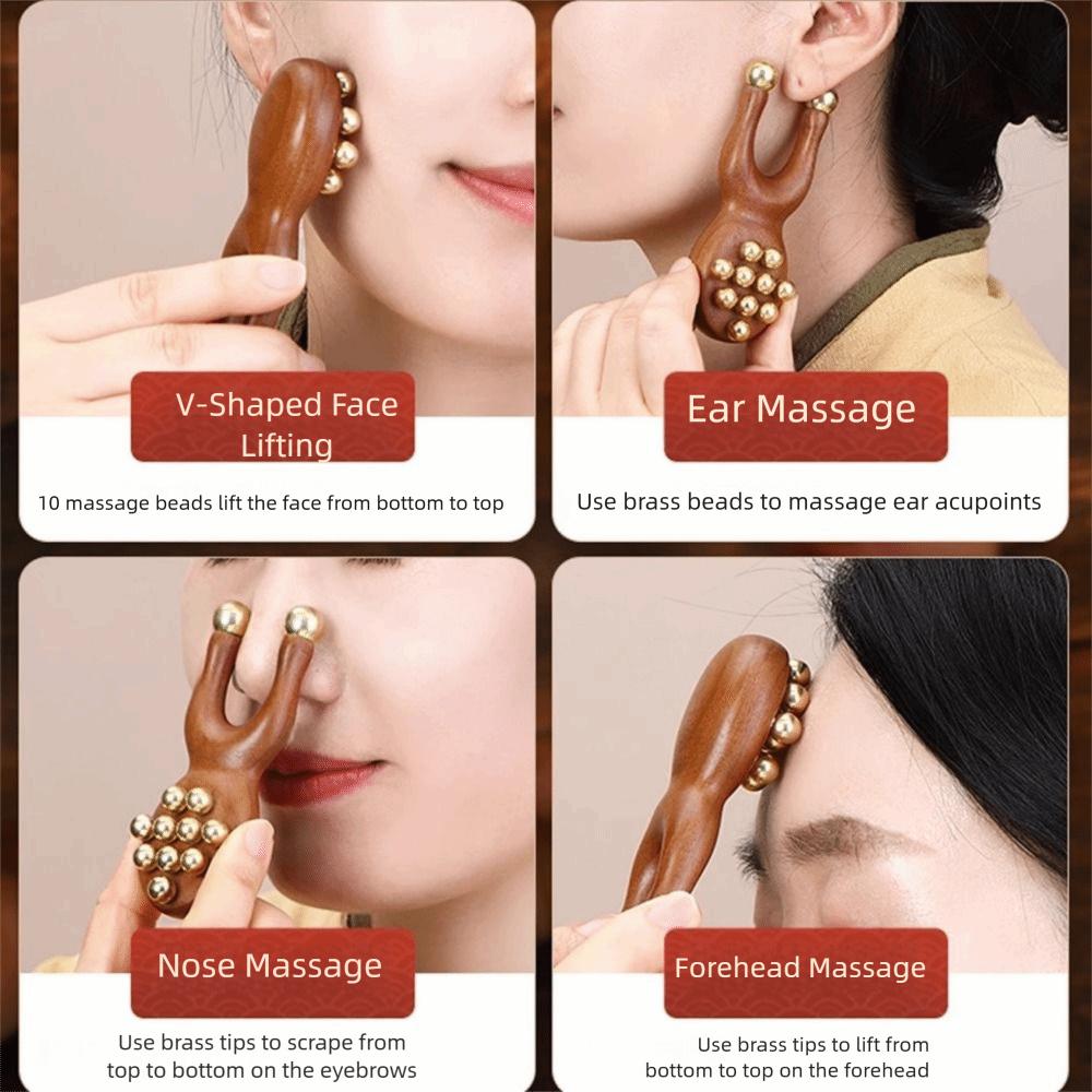 12 Copper Beads Guasha Face Massager Tool Wooden Handle Fascia Lifting Face Manual Massager Frog Shape Handheld