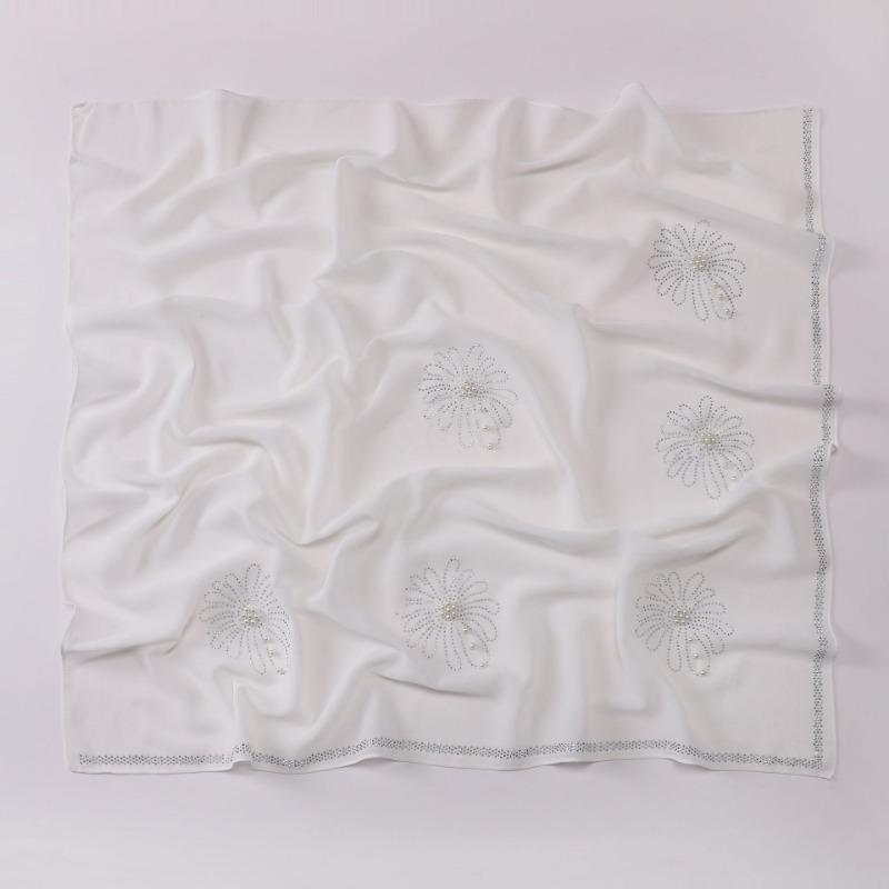 New Pearl Chiffon Daisy Rhinestone Beaded Square Scarf For Women