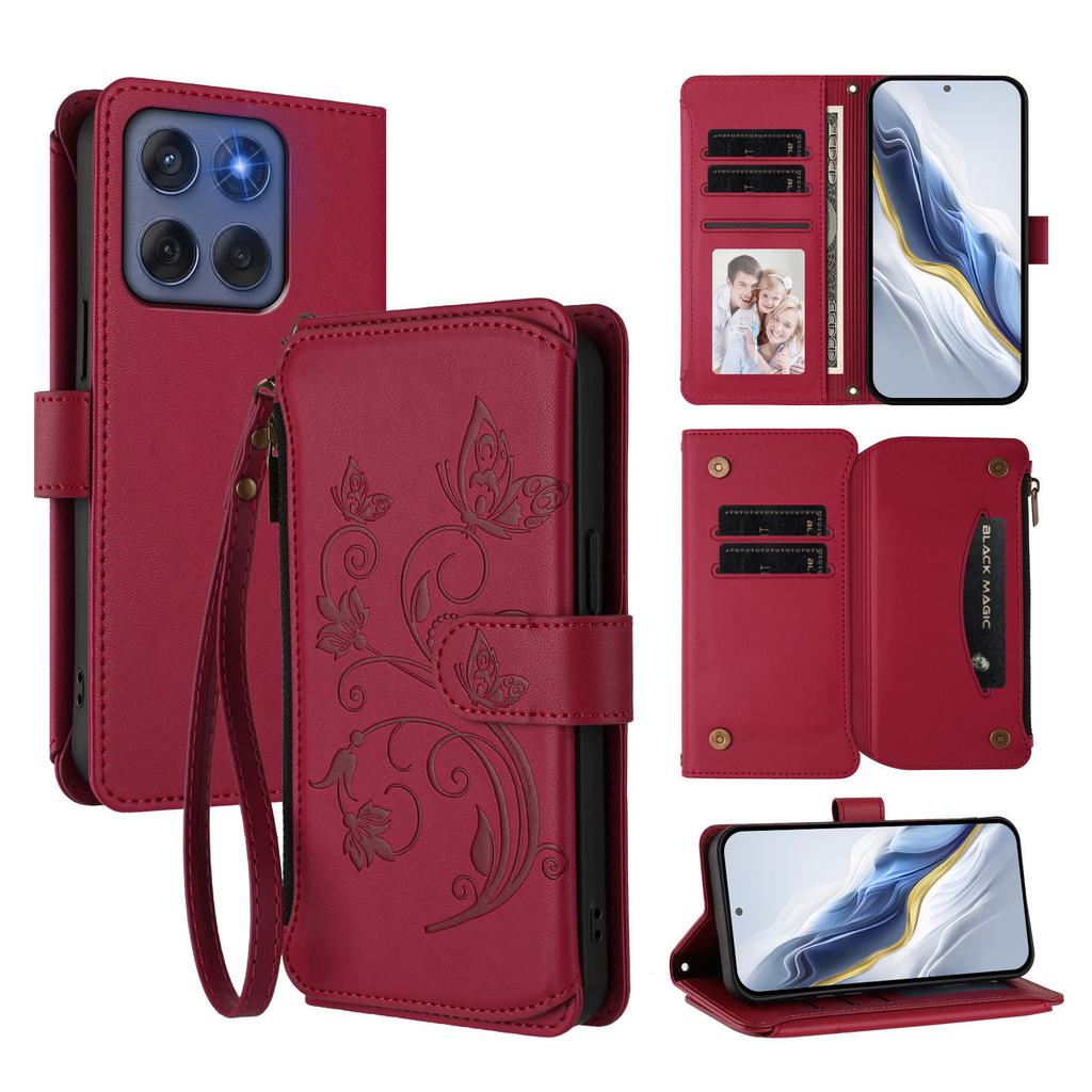 For Motorola Edge 60 5G/Motorola Edge (2025) 5G Leather Case Butterfly Floral Imprint Zipper Wallet Stand Cover with Wrist Strap