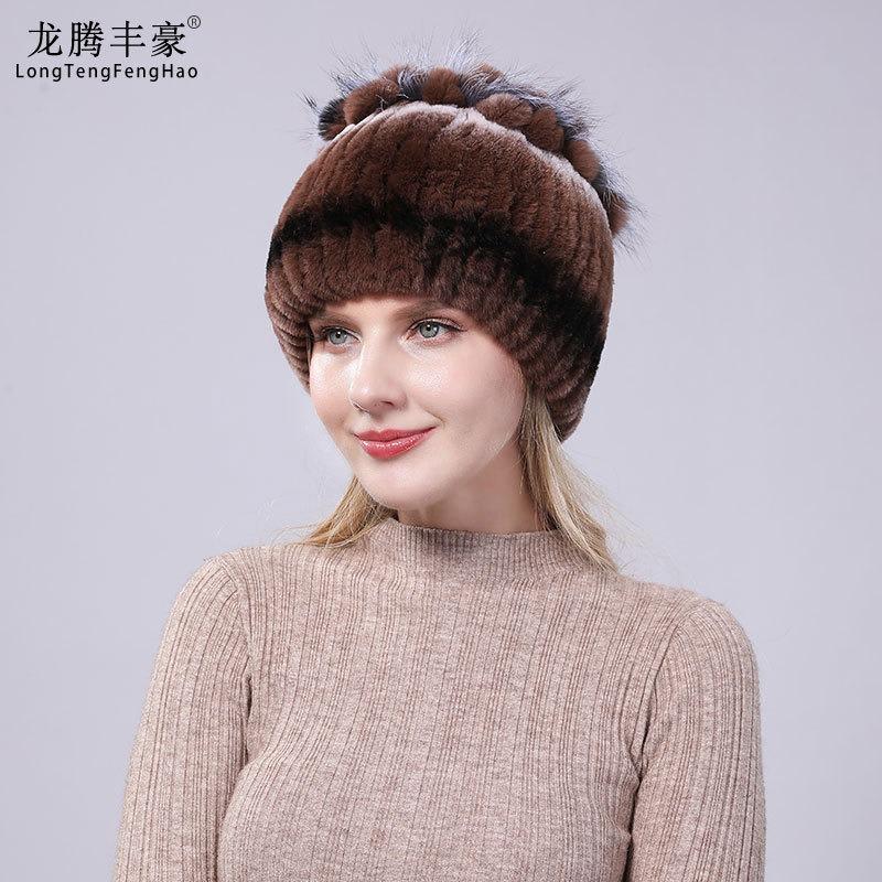 New Rex Rabbit Hair Hat Women's Winter Thickened Warm Fashion Versatile Elastic Fur Woven Hand-sewn Knitted Hat