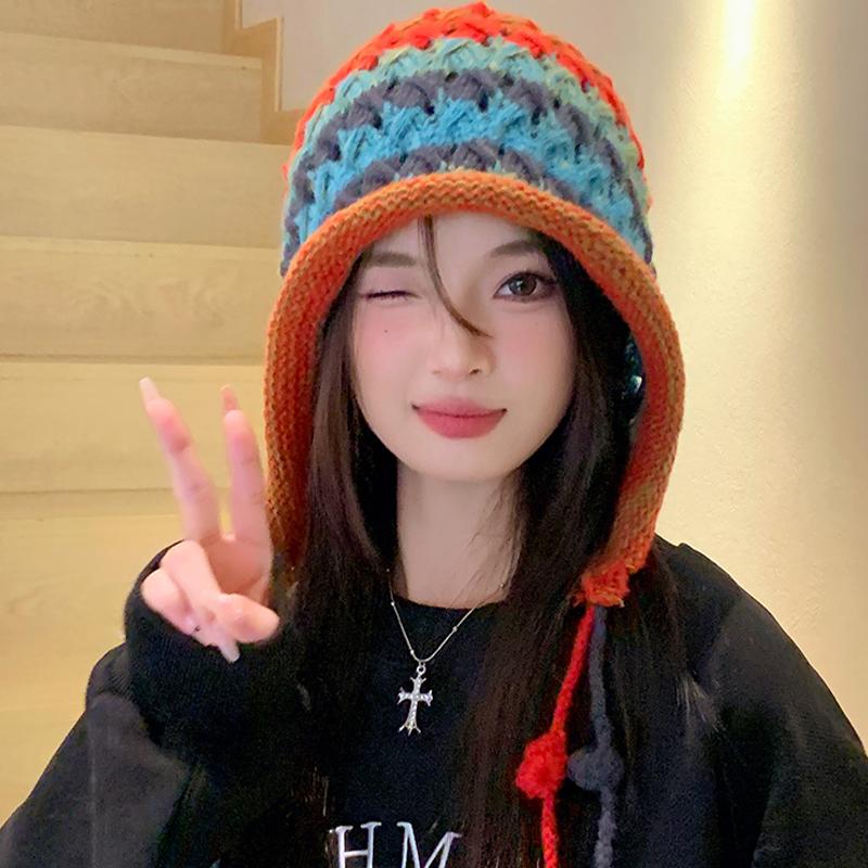 Women'S Baotou Hat Autumn And Winter Colorful Tassel Ball Tie Earmuffs Hollow Knitted Wool Hat