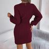 Autumn Winter Sexy Cross V Neck Batswing Sleeve Solid Color Wrap Hip Woolen Dress