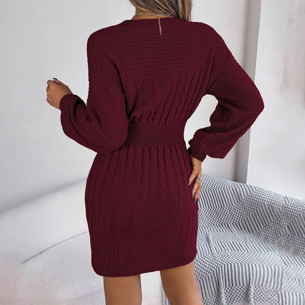 Autumn Winter Sexy Cross V Neck Batswing Sleeve Solid Color Wrap Hip Woolen Dress